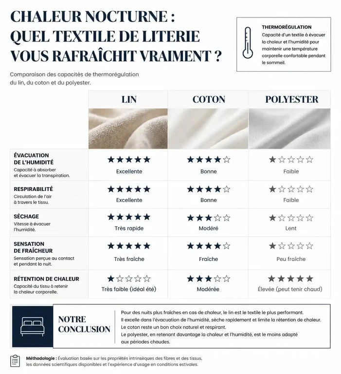 Infographie comparative des matières de literie pour se rafraîchir la nuit