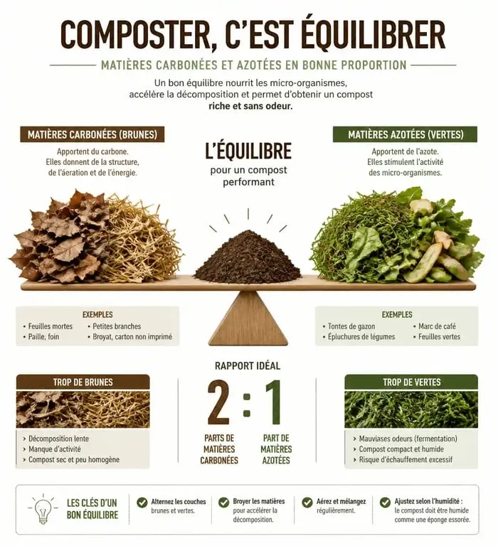 Infographie sur l'équilibre carbone et azote pour un composteur de jardin réussi