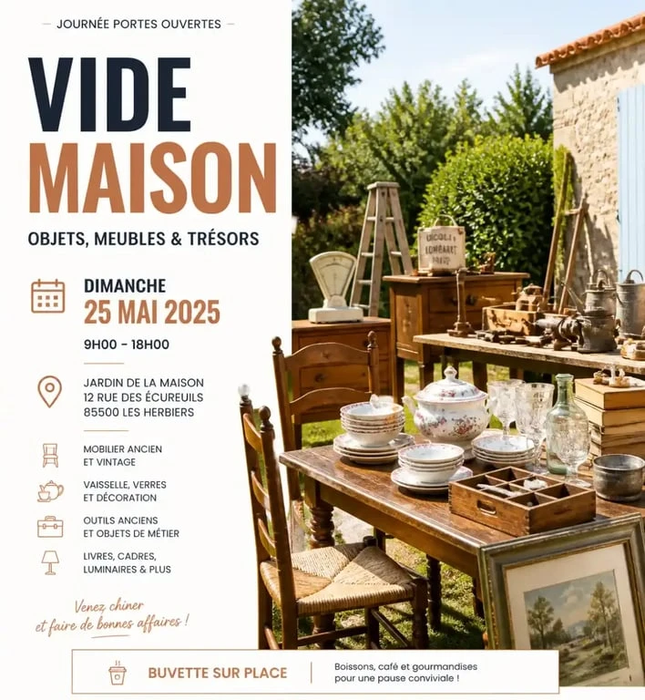Ambiance d'un vide-maison 85 en Vendée avec des objets chinés exposés dans un jardin.