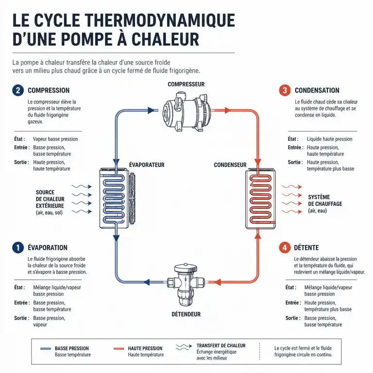 Schéma explicatif du fonctionnement d'une pompe à chaleur : cycle thermodynamique et étapes de la pompe a chaleur comment ça marche