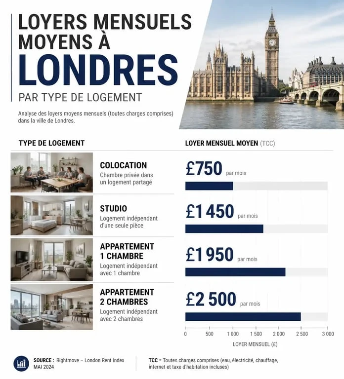 Graphique des loyers mensuels moyens à Londres par type de logement pour aider à estimer son budget.