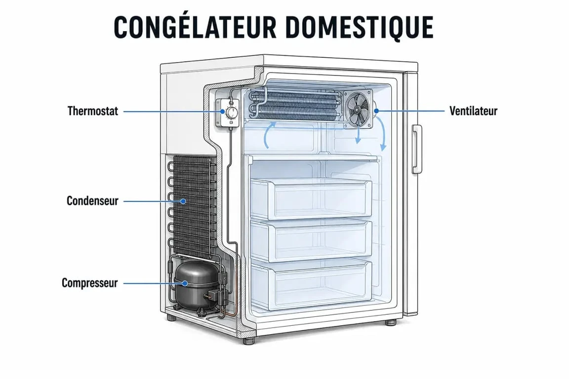 Schéma simplifié des composants internes d'un congélateur pour aider au diagnostic et à la réparation congélateur.