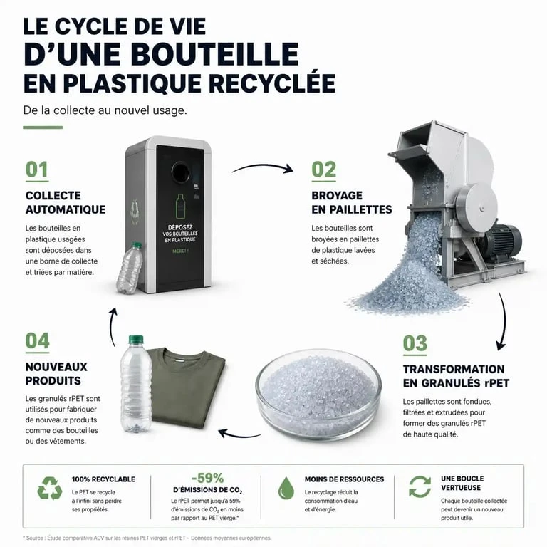 Infographie du cycle de recyclage des bouteilles en plastique : de la collecte au produit fini