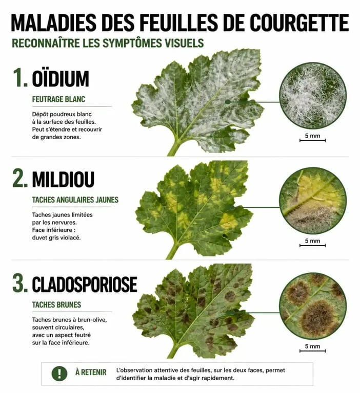 Infographie des maladies des feuilles de courgette : diagnostic visuel et symptômes