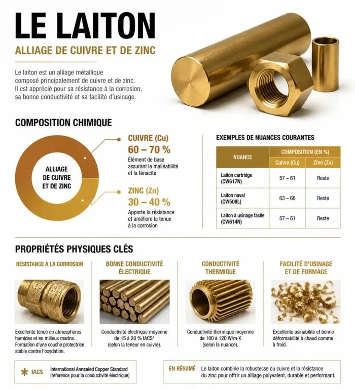 Infographie sur la composition et les propriétés techniques du laiton
