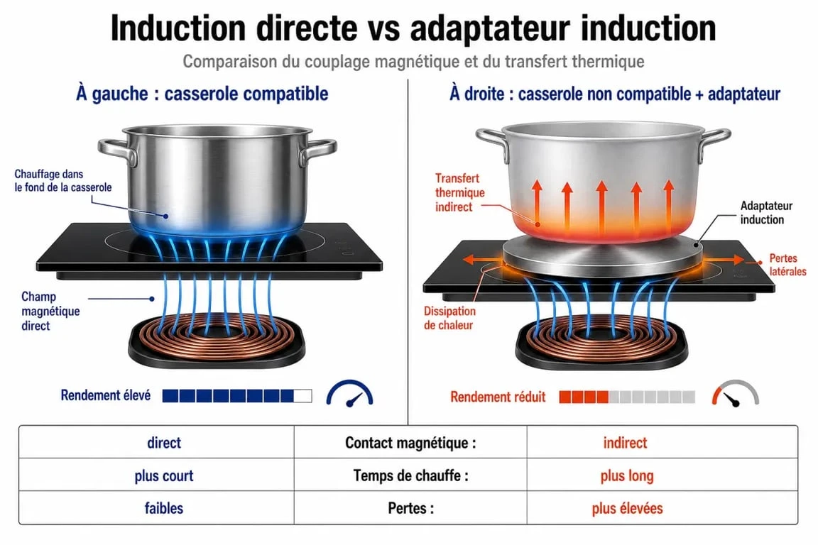Schéma comparatif du fonctionnement d'une plaque à induction avec et sans adaptateur induction