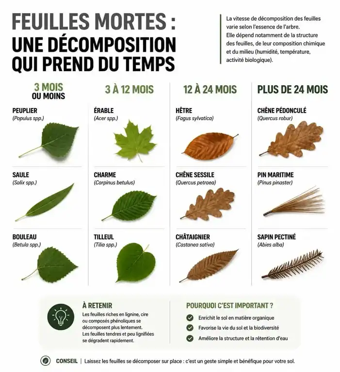 Infographie sur le temps de décomposition des feuilles mortes selon l'essence de l'arbre