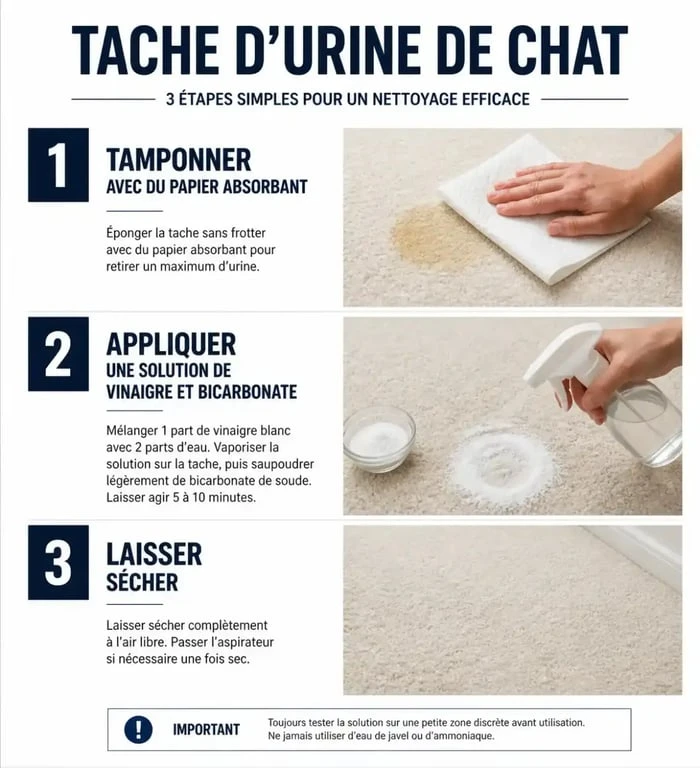 Étapes pour enlever l'odeur de pipi de chat dans la maison : tamponner, neutraliser et sécher.