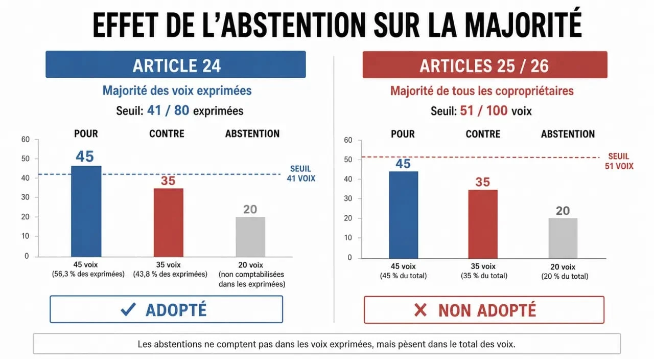 Infographie sur l'impact de l'abstention lors d'un vote en assemblée générale de copropriété