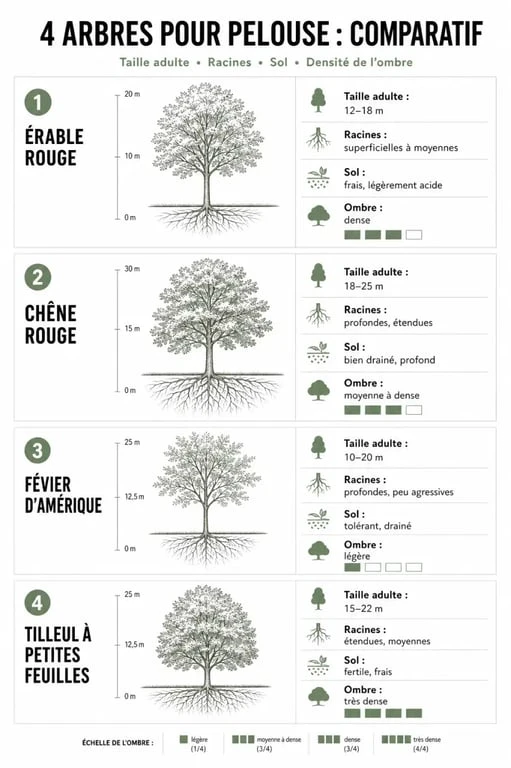 Infographie comparative des meilleurs arbres à planter au milieu d'une pelouse selon la taille et le type de sol