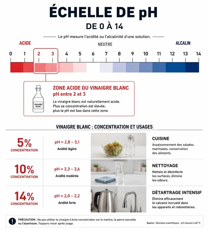 Infographie comparative du pH du vinaigre blanc selon sa concentration et ses usages domestiques