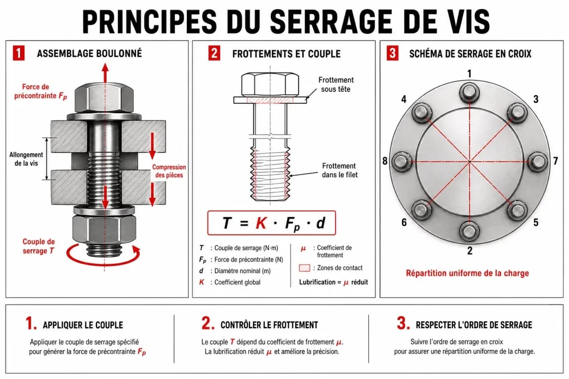 Infographie sur le serrage de vis : principes de couple, frottement et méthode en croix