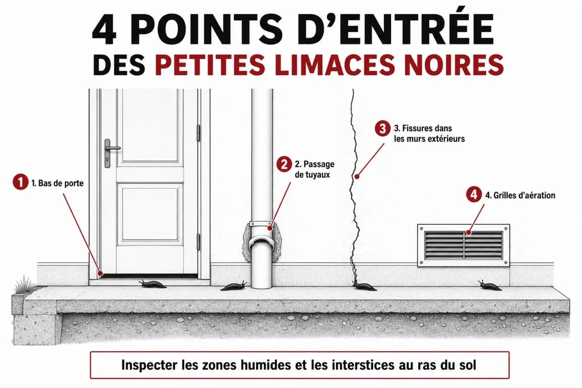 Infographie des points d'entrée des petites limaces noires dans une maison pour prévenir leur intrusion.