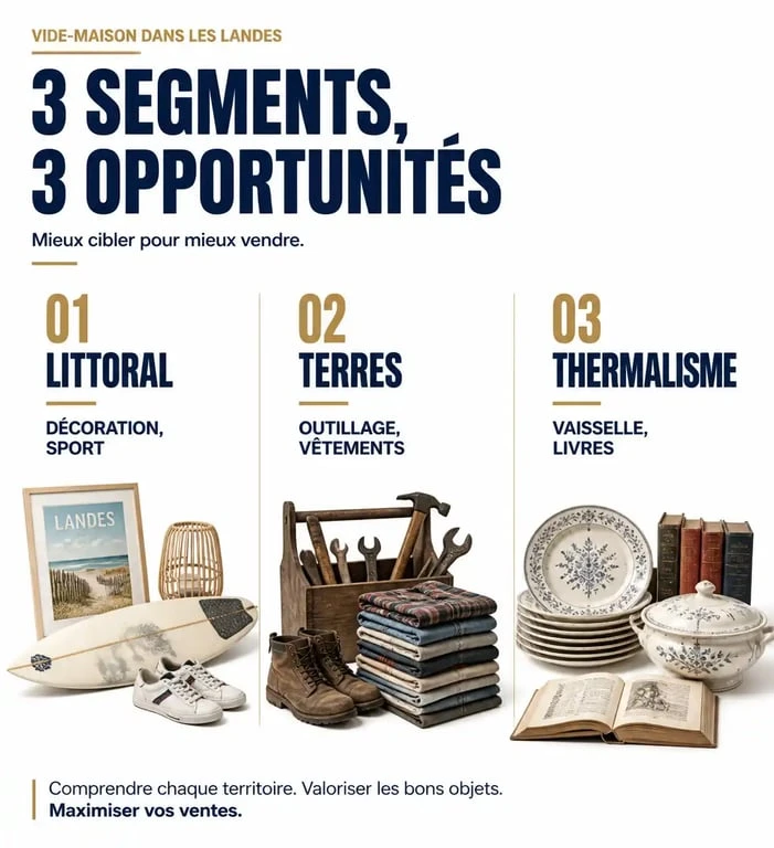 Infographie des types d'objets recherchés lors d'un vide-maison dans les Landes par zone géographique