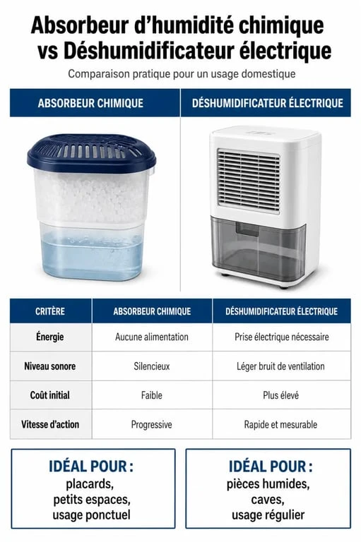 Comparatif entre absorbeur d'humidité chimique et déshumidificateur électrique pour une chambre
