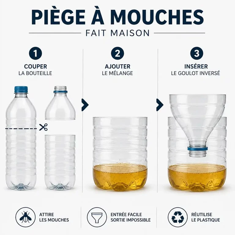 Schéma étape par étape pour fabriquer un piège à mouche au miel avec une bouteille en plastique