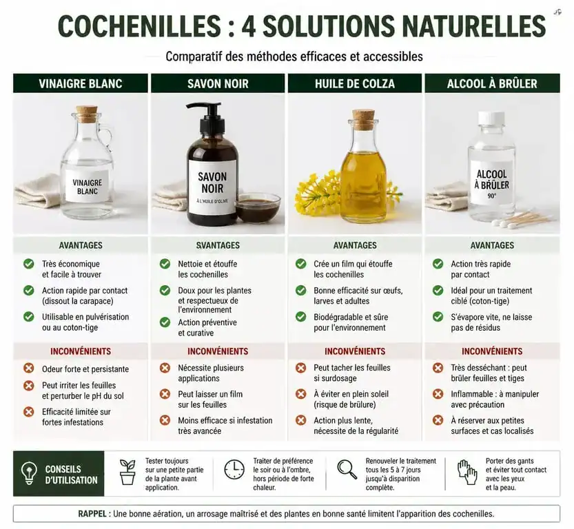 Tableau comparatif des traitements naturels contre les cochenilles : vinaigre blanc, savon noir, huile de colza et alcool