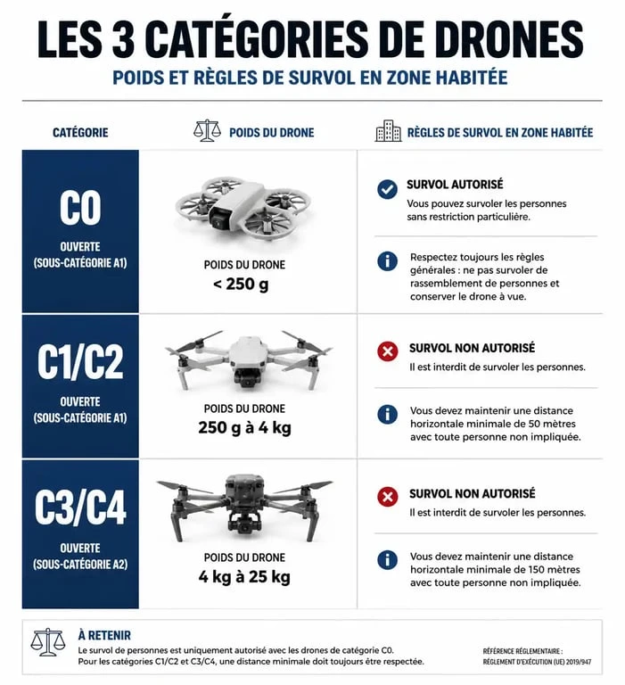 Infographie des catégories de drones et règles de survol pour comprendre que faire quand un drone survole ma maison