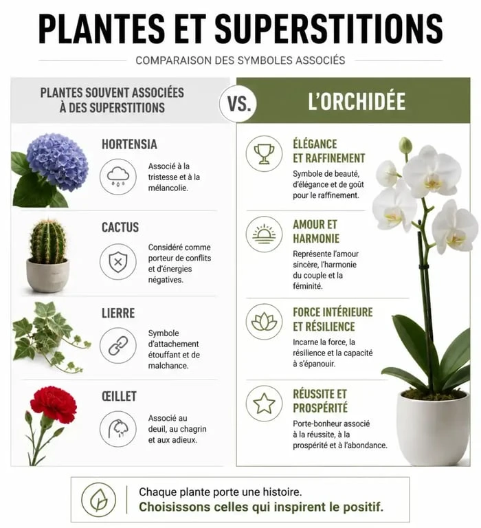 Infographie comparant la symbolique de l'orchidée et d'autres plantes pour savoir si offrir une orchidée porte malheur