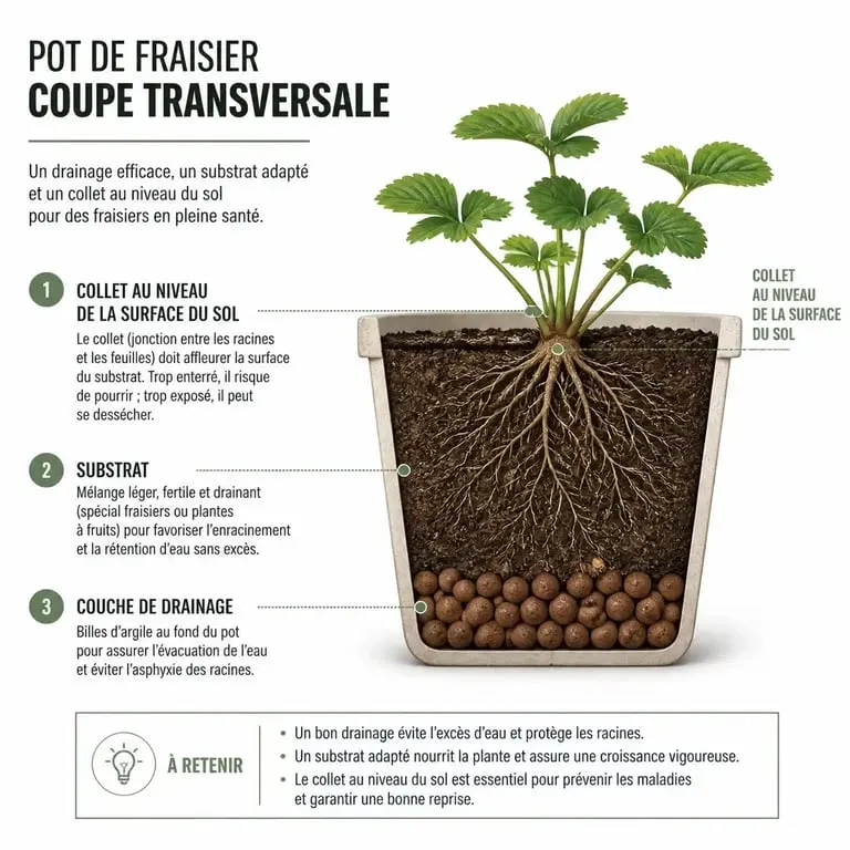 Schéma technique de plantation de fraisier en hauteur : position correcte du collet et drainage