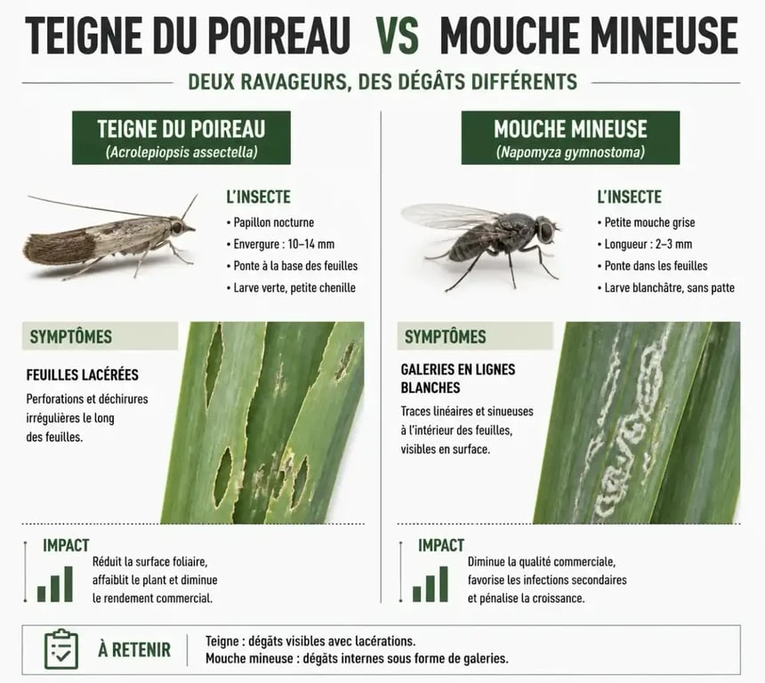 Infographie comparative des ravageurs du poireau : teigne contre mouche mineuse pour aider au diagnostic au potager.