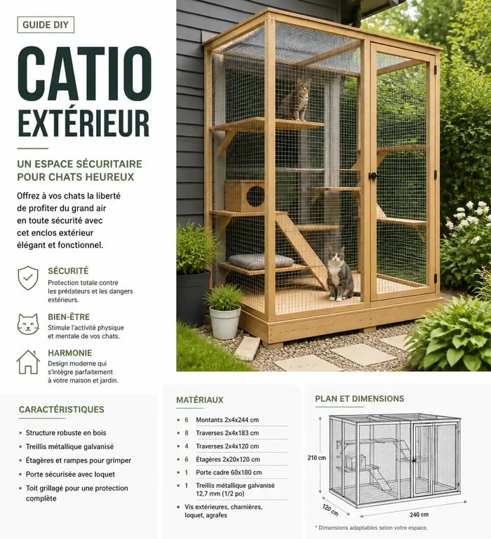Enclos chat extérieur à faire soi-même dans un jardin