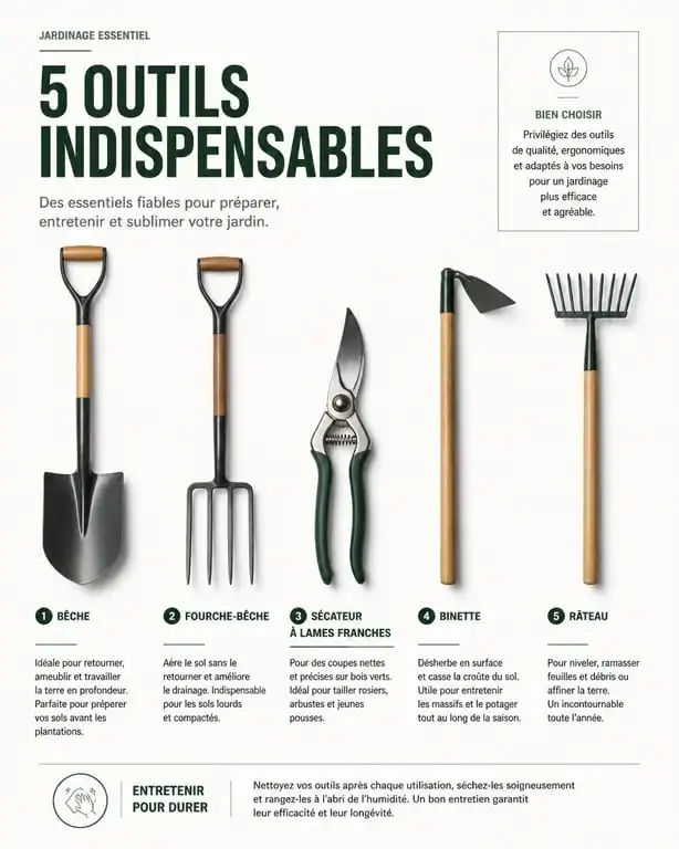 Liste illustrée des outils de jardinage essentiels : bêche, sécateur, binette et râteau pour l'entretien du jardin.