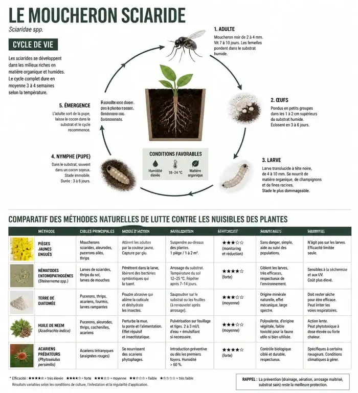 Infographie sur le cycle de vie du moucheron sciaride et méthodes naturelles de lutte avec marc de café