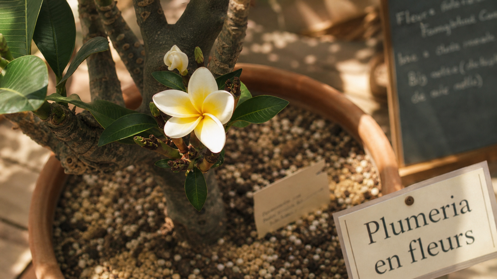 Fleurs frangipanier Plumeria en pot, fleur blanche à cœur jaune