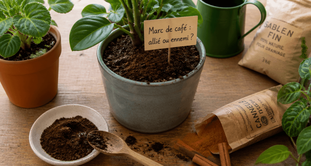 marc de café plante moucheron sur terreau pots