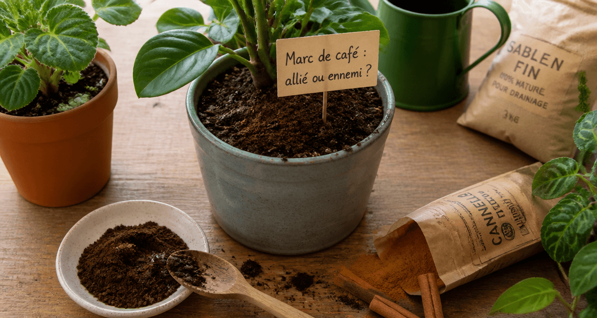 marc de café plante moucheron sur terreau pots