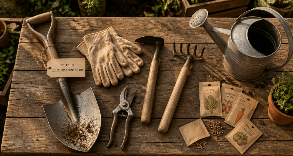 outils de jardinage liste avec photos sur table en bois