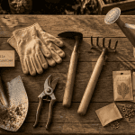outils de jardinage liste avec photos sur table en bois