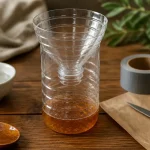 Piège à mouche miel DIY pas cher, bouteille plastique et miel sur table