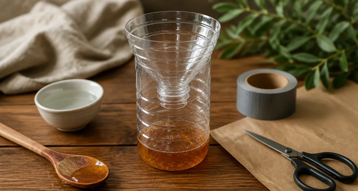 Piège à mouche miel DIY pas cher, bouteille plastique et miel sur table
