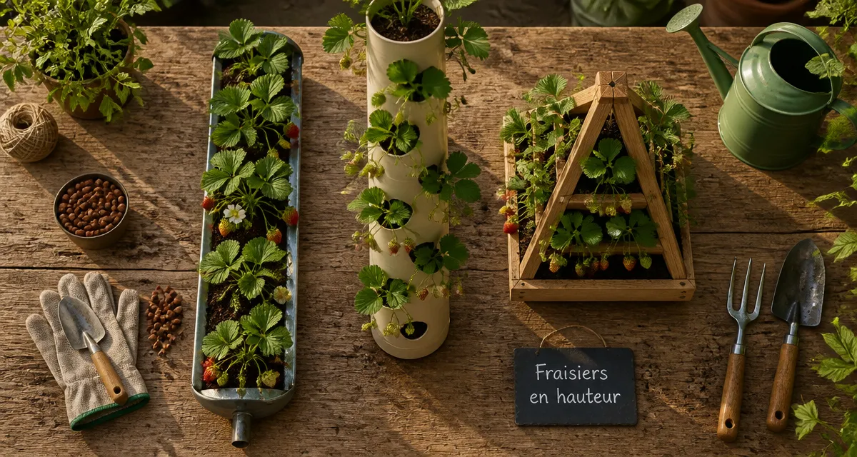 Plantation fraisier en hauteur gouttière tour pyramide