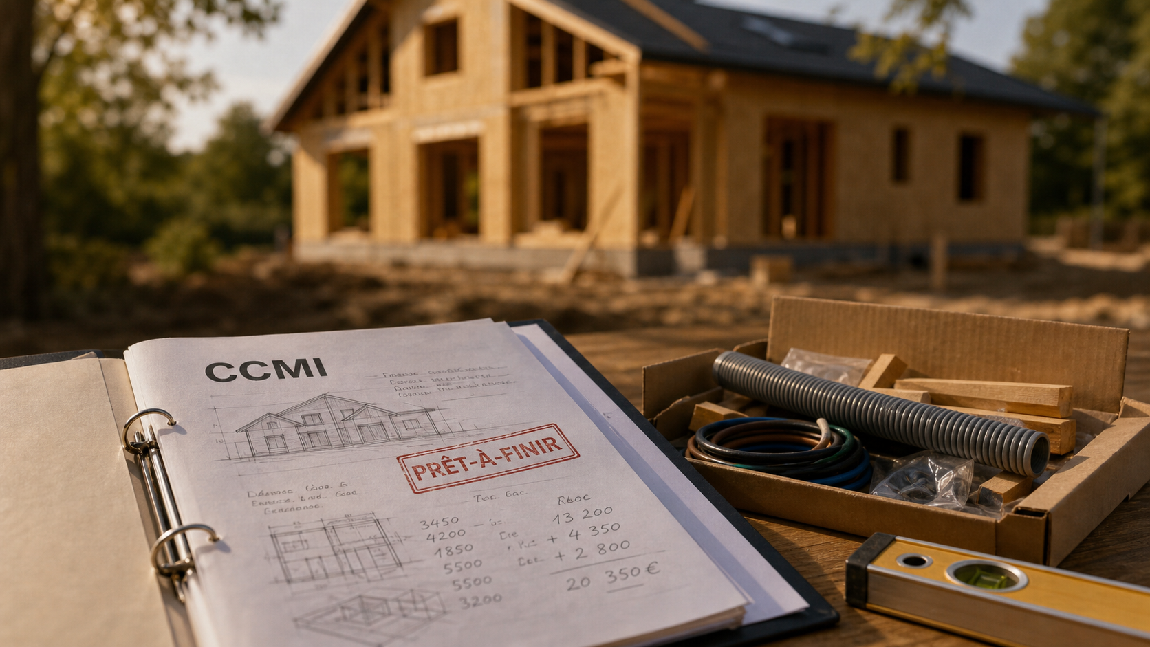 Prix maison mikit : dossier CCMI prêt-à-finir sur table, chantier hors d’eau et hors d’air en arrière-plan