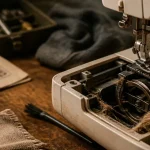 Réparer machine à coudre Brother : boîtier de canette ouvert, pièces à inspecter