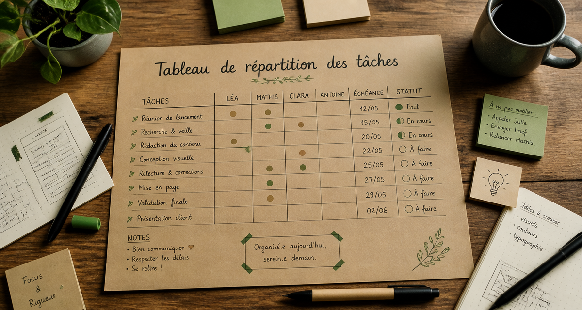 tableau de répartition des taches manuscrit sur bureau