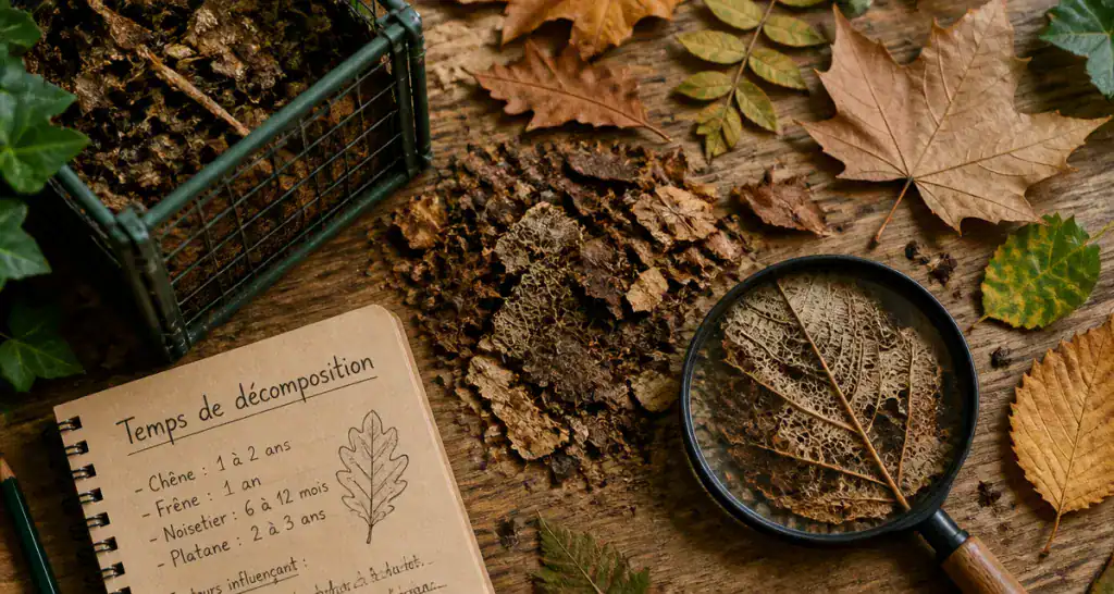 temps décomposition feuilles mortes sur plan de travail compost