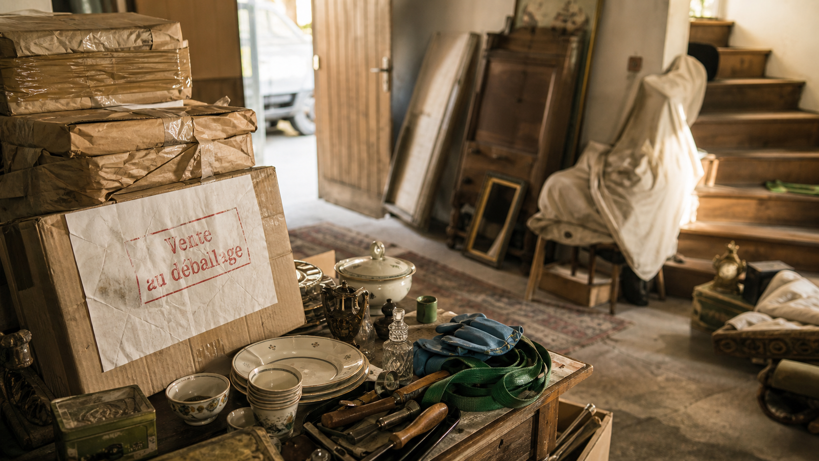 Vide maison roanne : débarras en cours, cartons et vaisselle