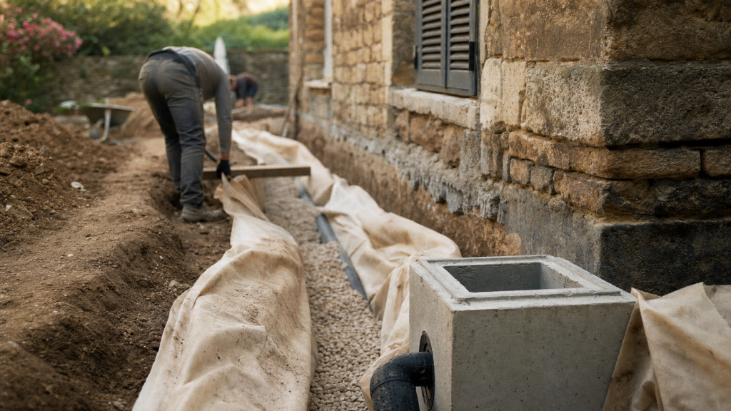 Drainage maison ancienne prix : tranchée, tuyau perforé et regard près des fondations