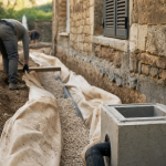 Drainage maison ancienne prix : tranchée, tuyau perforé et regard près des fondations