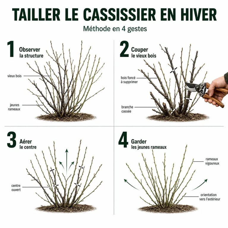 Quand tailler les cassissiers : schéma des étapes de taille d’un cassissier en hiver