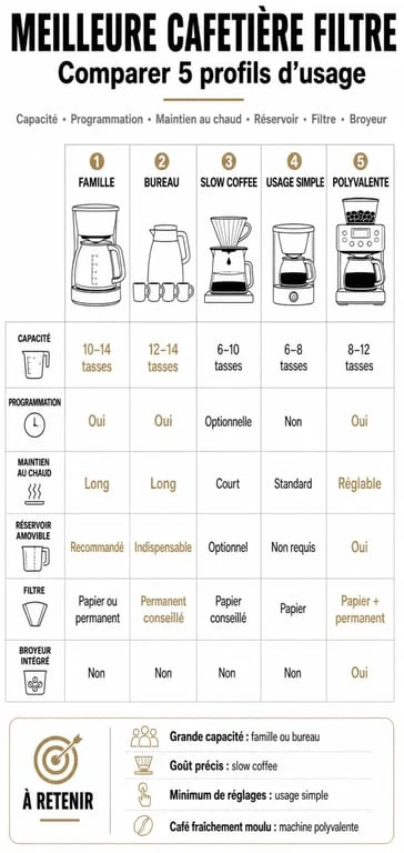 Infographie sur la meilleure cafetière filtre : critères de choix, capacités et profils d’usage
