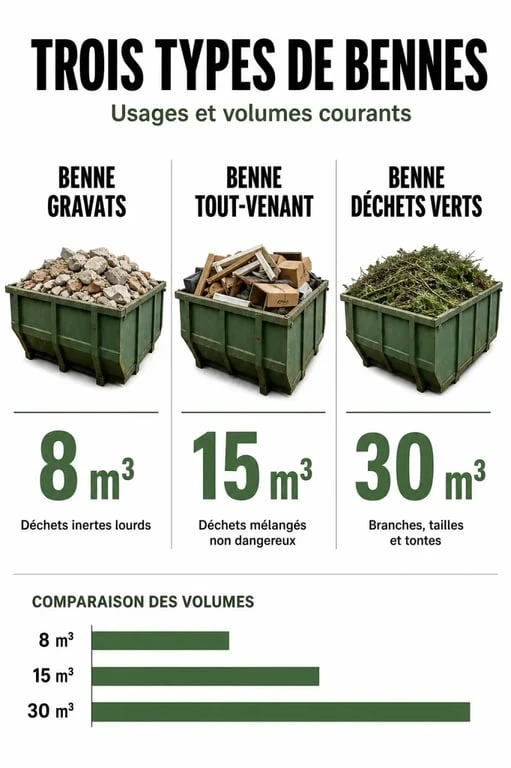 Infographie des types de bennes pour une location de benne à Strasbourg