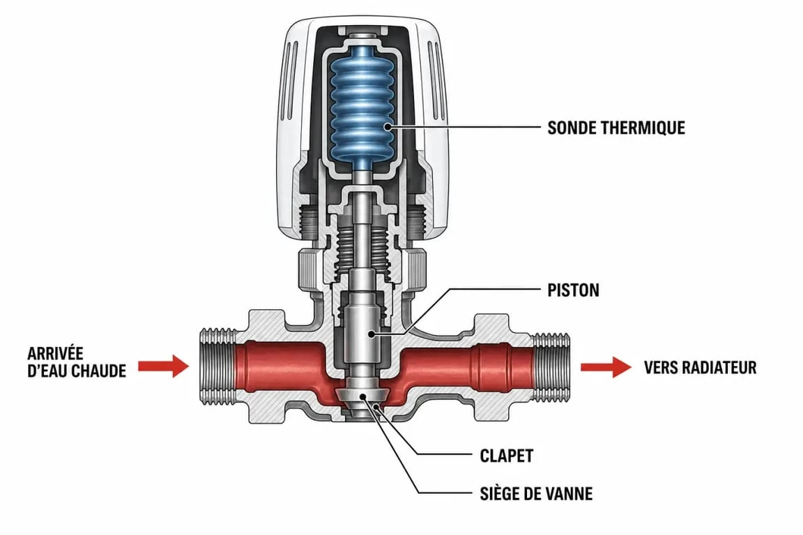 Schéma du fonctionnement d'une vanne thermostatique de radiateur