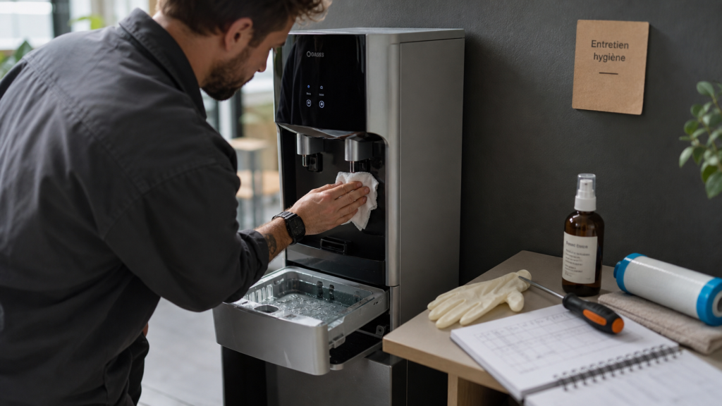 Entretien fontaine à eau : technicien nettoie et désinfecte
