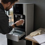 Entretien fontaine à eau : technicien nettoie et désinfecte