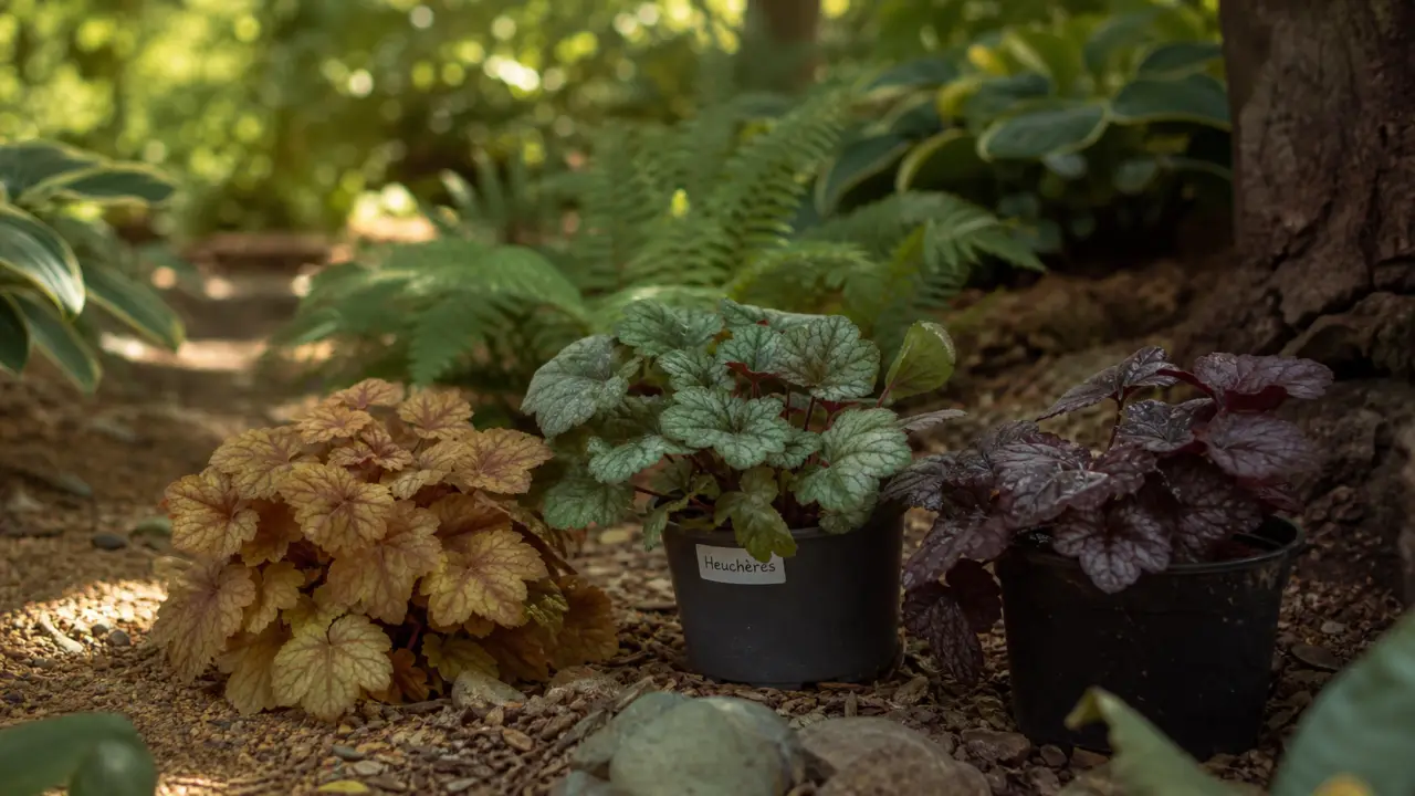 Les plus belles heuchères : feuilles caramel, pourpre et vert acide en mi-ombre